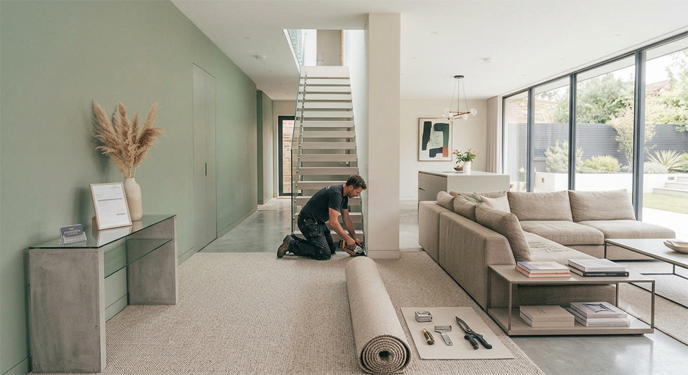 Professional carpet fitter laying carpet in a living room